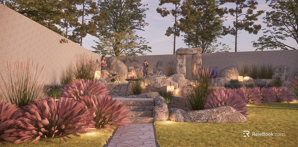 Courtyard Garden Design With Stone Steps Decorative Stones Purple Plants And Illuminated Lighting 3d model 