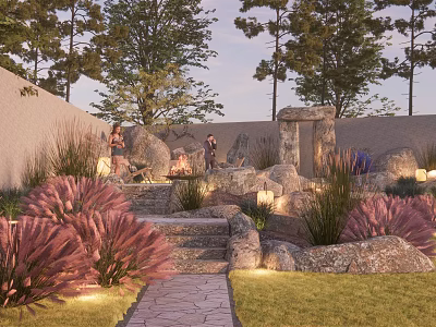 Courtyard Garden Design With Stone Steps Decorative Stones Purple Plants And Illuminated Lighting 3d model