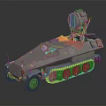 Gray Armored Utility Vehicle With Tracked Wheels Top Searchlight And Gear Bags