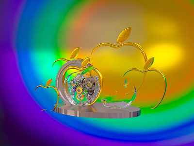 Apple Shaped Transparent Glass Furniture Ornament With Golden Leaves Silver Base And Internal Gears 3d model