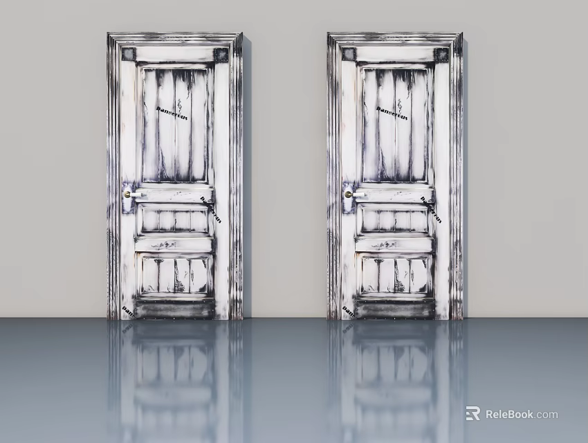 Two Retro Swing Doors With Carved Details And Distressed Finish Standing On Reflective Floor Surface 3d model 