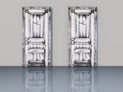 Two Retro Swing Doors With Carved Details And Distressed Finish Standing On Reflective Floor Surface 3d model