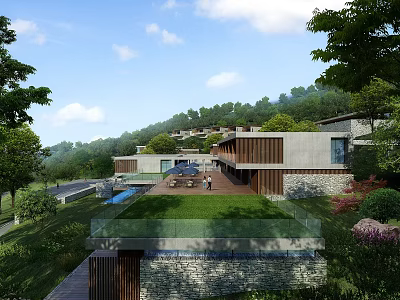 Luxury Detached Villa With Mountain View Lush Greenery Private Pool And Glass Railing Terrace 3d model