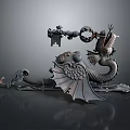 Intricate Metal Dragon Sculpture With Curled Body Wings And Decorative Key Elements