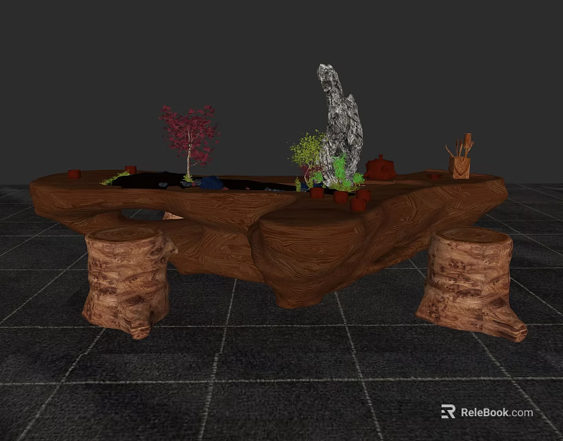 Natural Root Carving Tea Table With Tree Root Base And Small Decorative Plants 3d model