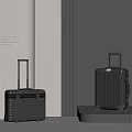 Modern Designer Suitcases With Aluminum Brushed Texture Displayed On Platform And Floor