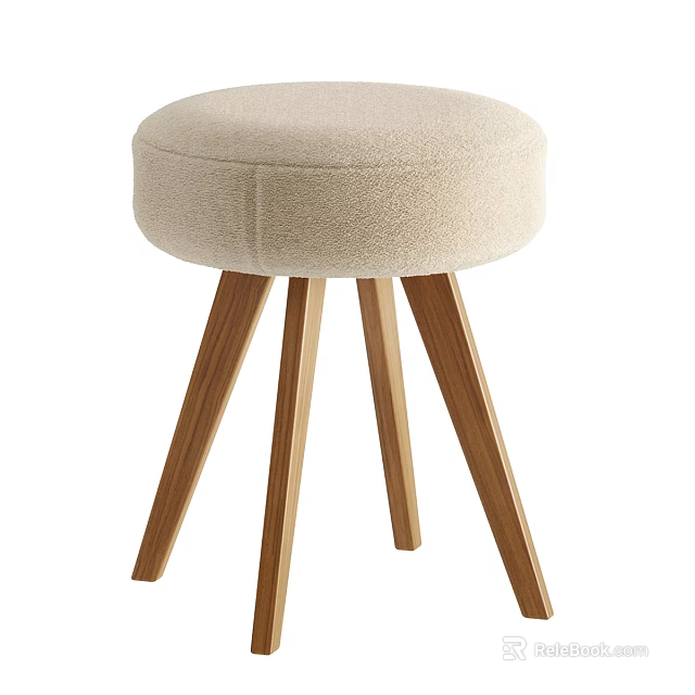 Plush Beige Round Fabric Stool With Natural Solid Wood Legs For Cozy Modern Home Decor 3d model 