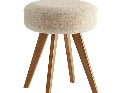 Plush Beige Round Fabric Stool With Natural Solid Wood Legs For Cozy Modern Home Decor 3d model
