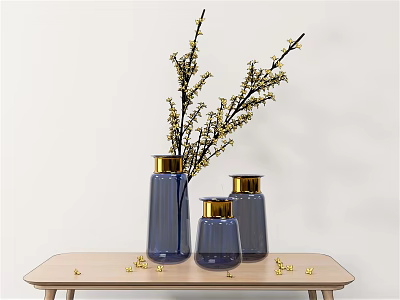 Blue Vases With Gold Rims Holding Yellow Blossom Branches On Wooden Table With Scattered Flowers 3d model