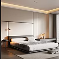 Modern Bedroom Interior Featuring Black Headboard Bed Nightstands With Table Lamps And Light Paneled Walls
