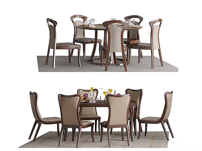 Modern Dining Table Set With 6 Upholstered Chairs Wooden Frame And Tabletop Decorative Items 3d model