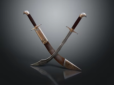 Crossed Decorative Swords With Metal Blades And Wooden Handles On Dark Background Reflection 3d model