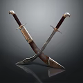 Crossed Decorative Swords With Metal Blades And Wooden Handles On Dark Background Reflection