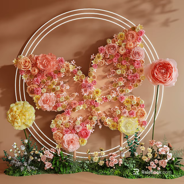 Butterfly Shaped Floral Installation With Pink Yellow Peach Flowers And Circular Frame 3d model 