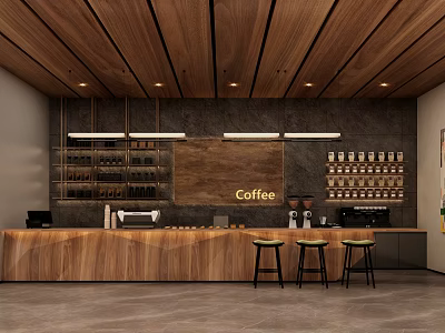 Modern Coffee Shop Interior With Wooden Bar Counter Coffee Machines And Stools 3d model