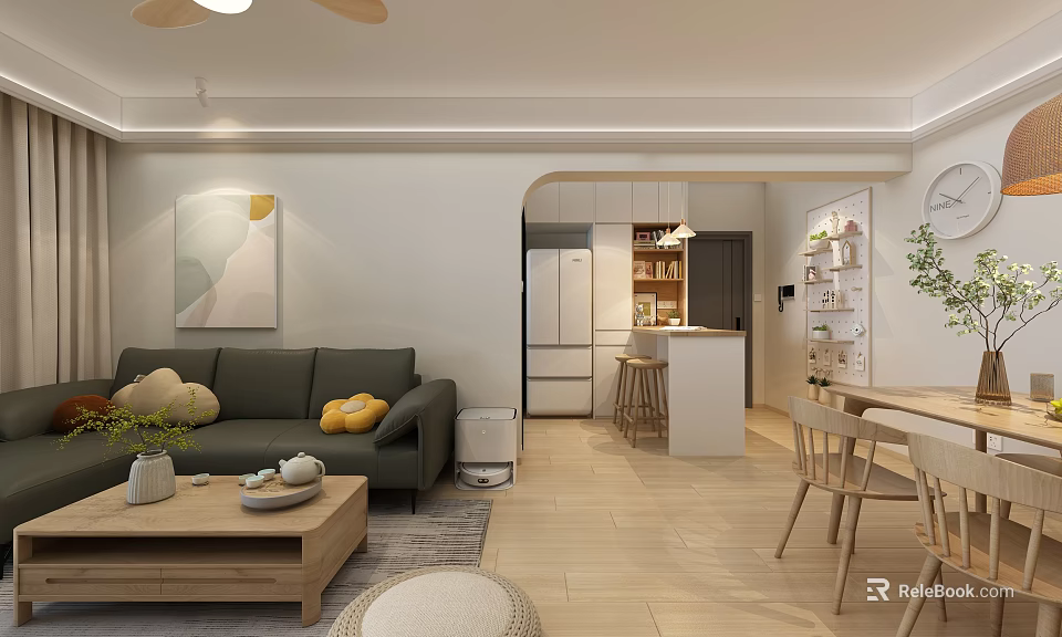 Modern Open Concept Living Dining Room Interior With Sofa Coffee Table Dining Table And Chairs 3d model 