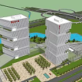 Modern Twin Office Towers With Riverfront Green Space And Landscaped Trees