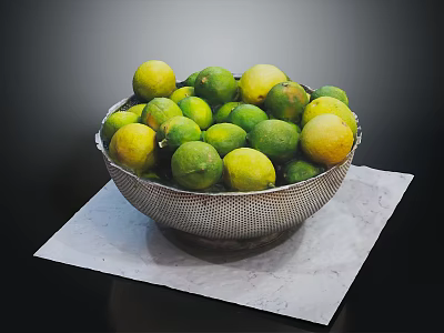 Fresh Limes and Lemons in Metal Colander Bowl on White Paper 3d model