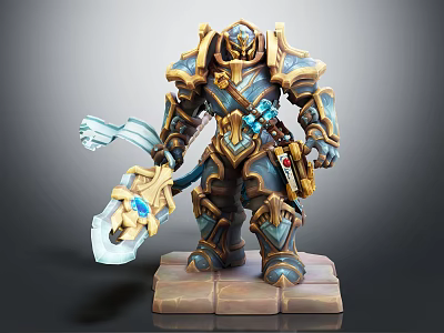 Detailed 3D Warrior Character In Blue Gold Armor Holding Axe Weapon Standing On Pedestal 3d model
