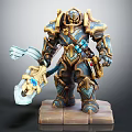 Detailed 3D Warrior Character In Blue Gold Armor Holding Axe Weapon Standing On Pedestal