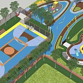 Garden Landscape Design With Playground Sports Court Pathways And Green Lawn Areas