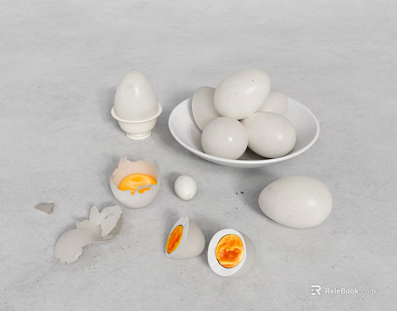 Egg Tableware Set Featuring White Bowl Egg Holder and Boiled Eggs with Yolk 3d model