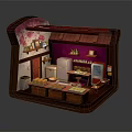 Miniature Kitchen Interior With Pink Walls Wooden Elements Refrigerator And Shelves