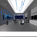 Hi Tech Conference Room Interior With Large Digital Screens Blue Lighting And Metallic Chairs