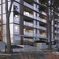 Modern Multi Storey Residential Building With Glass Facade Balconies Lit Windows And Trees Around