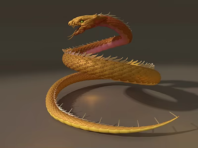 Golden Serpent Sculpture with Scaled Body Spiked Details and Coiled Spiral Form 3d model