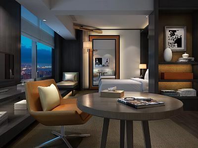 Modern Hotel Room Interior With Floor to Ceiling Windows City Night View And Comfortable Seating 3d model
