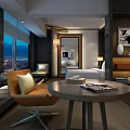 Modern Hotel Room Interior With Floor to Ceiling Windows City Night View And Comfortable Seating