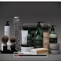 Modern Bathroom Accessories Including Shampoo Bottles Towels Shaving Brush And Metal Tins