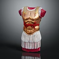 Roman Style Gold Costume Featuring Red Sash White Fringe Hem And Decorative Patterns