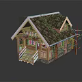 Rustic Wooden House With Ivy Covered Roof And Wooden Stairs Porch