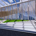 Modern Office Corridor Interior With Wooden Slat Wall Glass Ceiling And Green Plants
