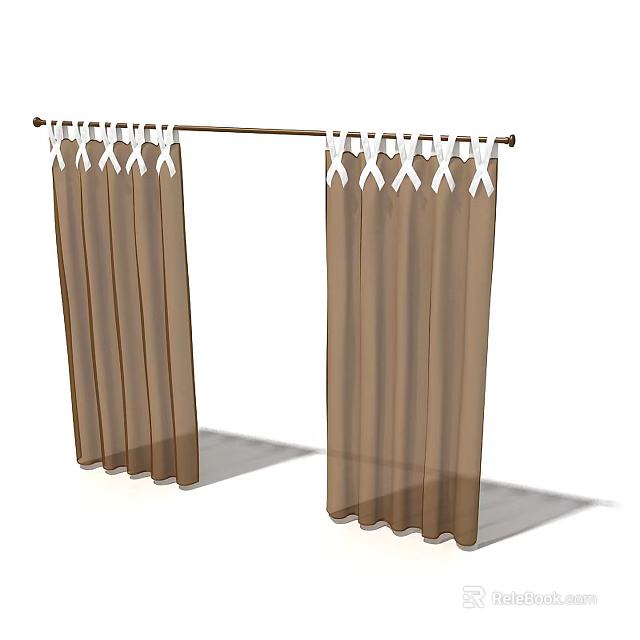 Brown Window Curtains Featuring White Decorative Ties And Curtain Rod 3d model 