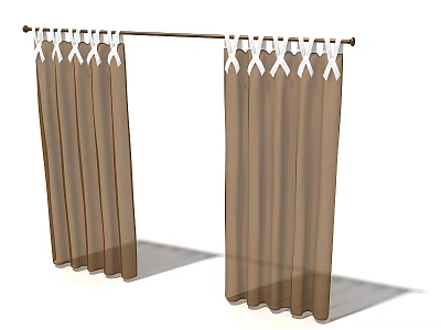 Brown Window Curtains Featuring White Decorative Ties And Curtain Rod 3d model