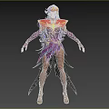 Fantasy Woman in Purple Pink Feathered Outfit With Golden Headdress And Ornate Details