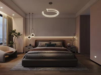 Modern Bedroom Interior Featuring Circular Pendant Light Vertical Striped Wall Wooden Floor and Dark Bed 3d model