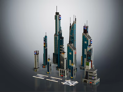 Cartoon Scene of Lego City Skyscrapers with Various Heights and Colorful Details 3d model