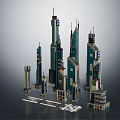 Cartoon Scene of Lego City Skyscrapers with Various Heights and Colorful Details