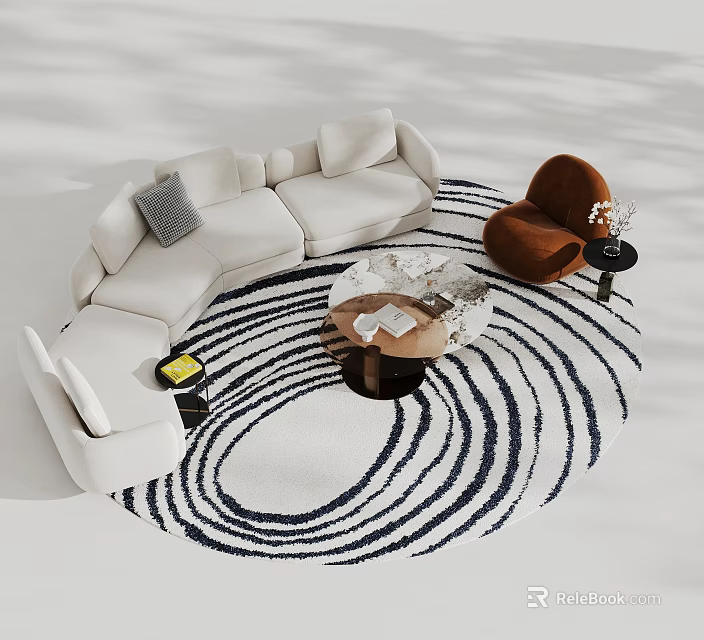 Soft Beige Curved Sectional Sofa And Marble Coffee Table Set For Modern Minimalist Living Room 3d model 
