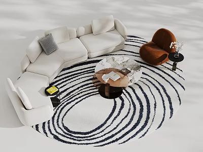 Soft Beige Curved Sectional Sofa And Marble Coffee Table Set For Modern Minimalist Living Room 3d model