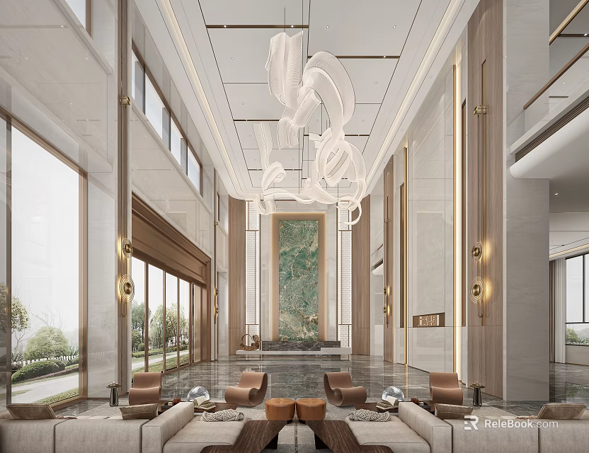 Modern Front Desk Reception Area With Elegant Chandelier Marble Walls And Comfortable Sofas 3d model 