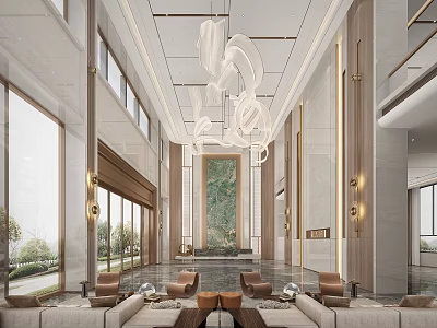 Modern Front Desk Reception Area With Elegant Chandelier Marble Walls And Comfortable Sofas 3d model