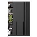 Modern Black Bookcase With Shelves Green Plants Books And Decorative Items
