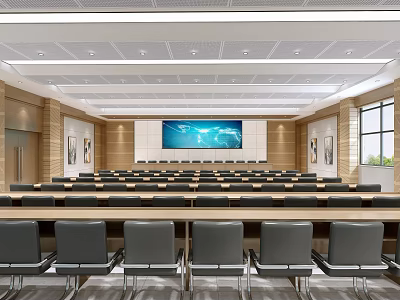 Modern Conference Room Interior With Large Screen Wooden Walls And Rows Of Seats 3d model