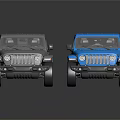 Gray and Blue Off Road Vehicles with Reflective Surfaces on Black Background