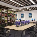 Modern Public Office Space Featuring Long Table Purple Flowers Black Office Chairs Bookshelves Green Plants